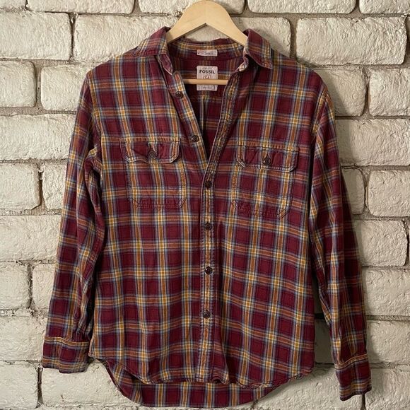 Fossil Men's Burgundy Plaid Button Down Shirt - Picture 1 of 6